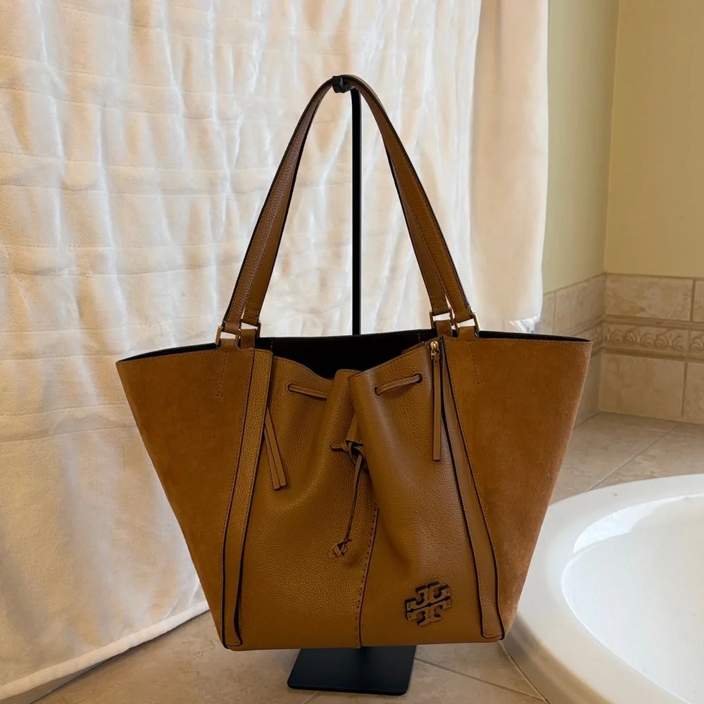 Tory Burch Thea Mixed‑Media Tote – Leather & Suede Brown Shoulder Bag - Picture 1 of 4